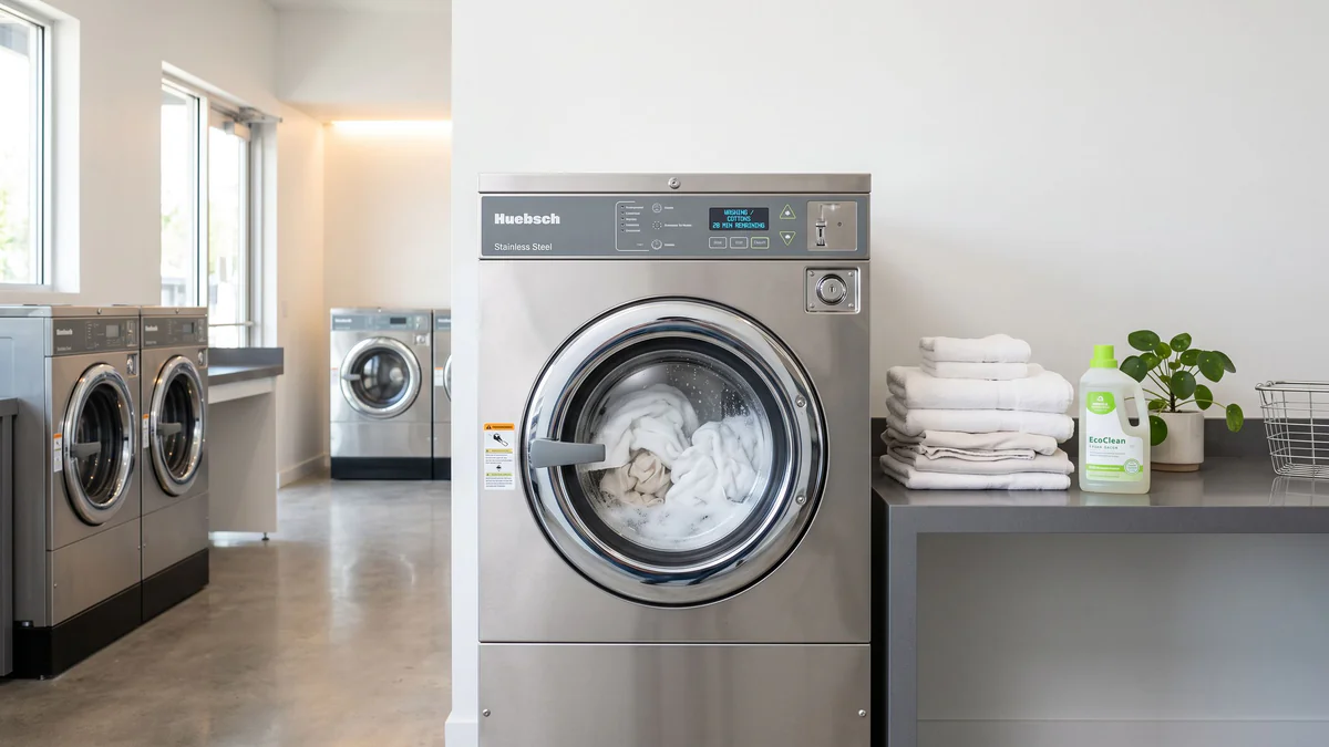 Modern laundromat with front-load washer, fresh white towels, biodegradable detergent bottle with lime accents, and potted plant on charcoal counter.