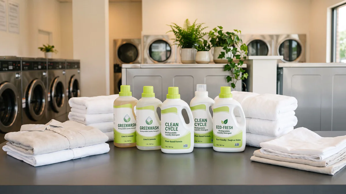 Detergent bottles with lime accents arranged beside fresh folded laundry on charcoal surface in modern laundromat setting