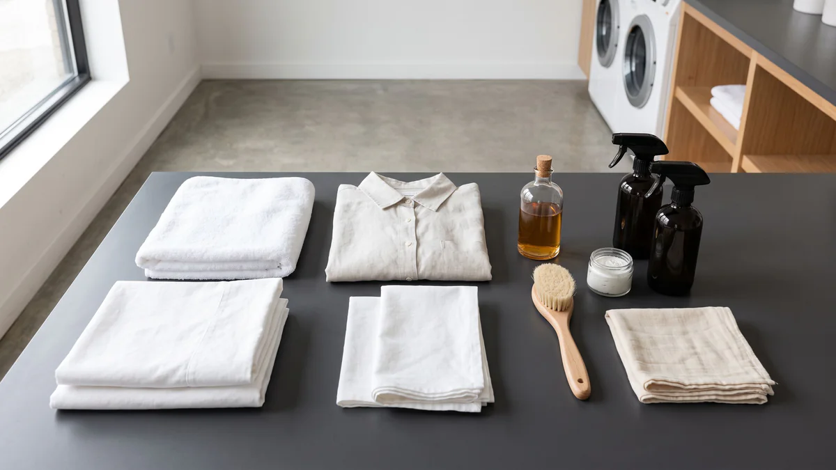 Bright laundromat workspace with folded linens, rust-removal solution, cleaning brush, and eco-friendly products on charcoal surface with lime accents.