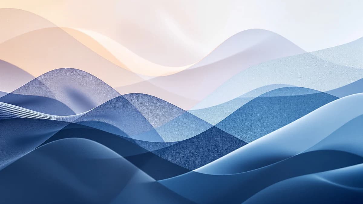Abstract fabric textures with water droplets and vapor wisps, cool blues and grays with volumetric lighting creating depth and cleanliness.