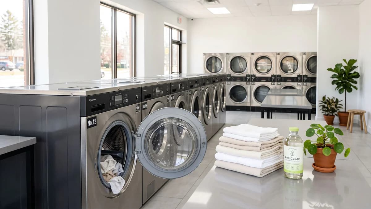 Modern laundromat with open front-load washer, folded linens, eco-friendly detergent bottle, and potted plant in bright, clean interior.