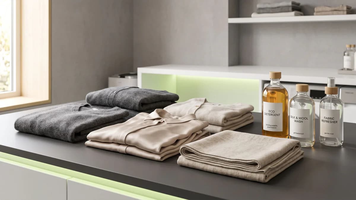 Folded delicate fabrics (cashmere, silk, wool) on charcoal surface with professional cleaning supplies and lime-green accent lighting.