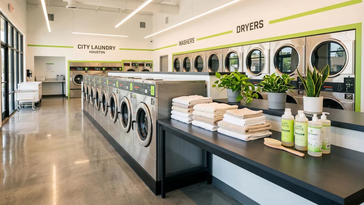 Modern washateria with rows of stainless-steel washers, folded laundry, green plants, and eco-friendly detergent bottles on charcoal surfaces.