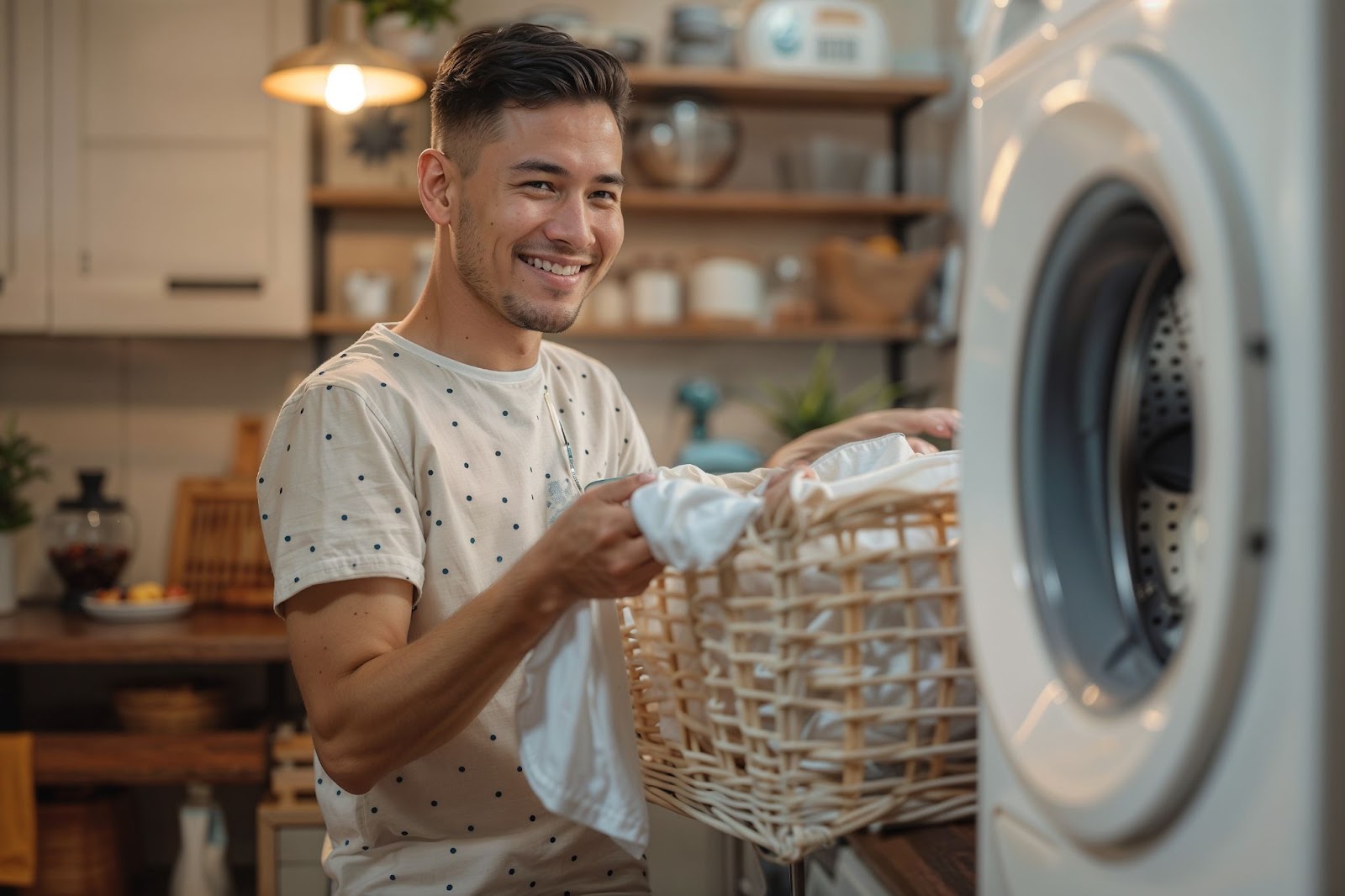 Man holding basket of laundry clothes