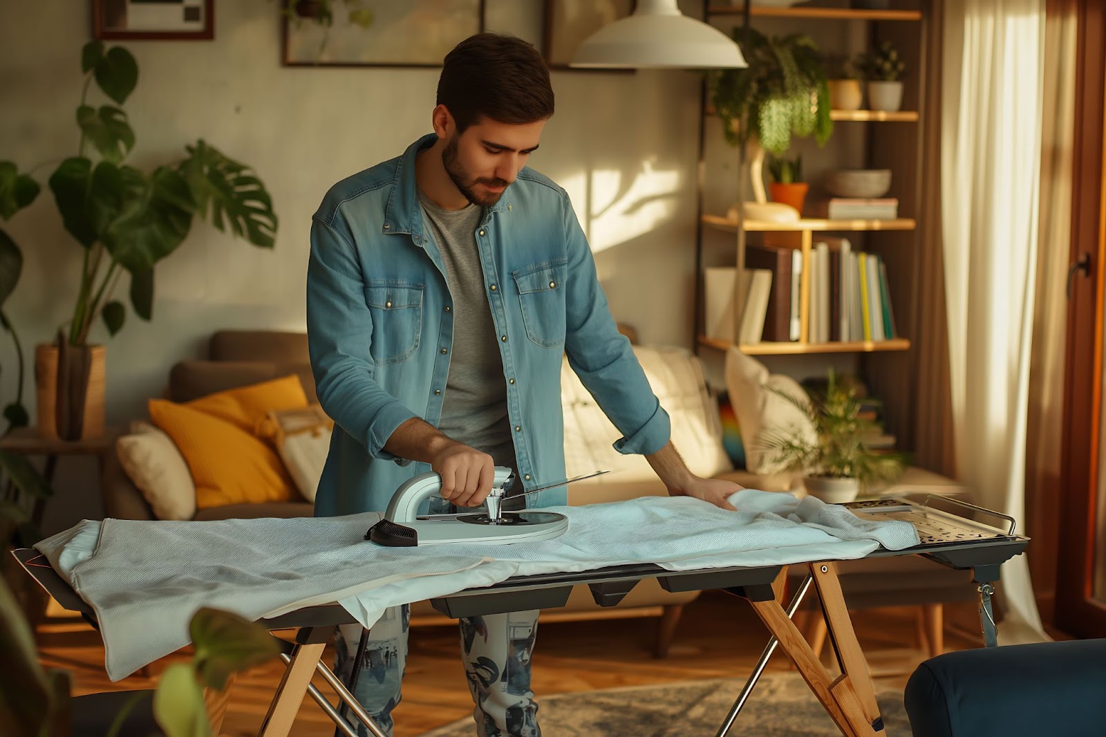 A Man Ironong his clothes