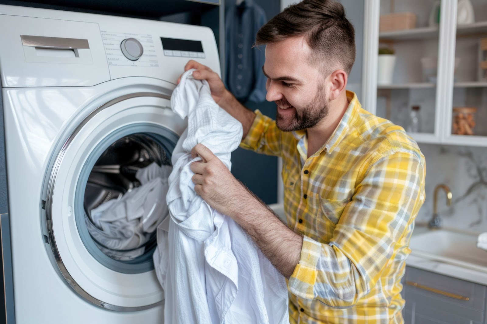 Man doing laundry at washateria